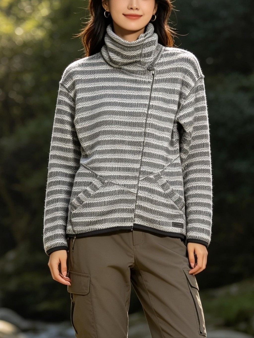 Merrell Gray Striped Fleece Pullover Jacket Size Small Cowl Neck Cozy Sweater